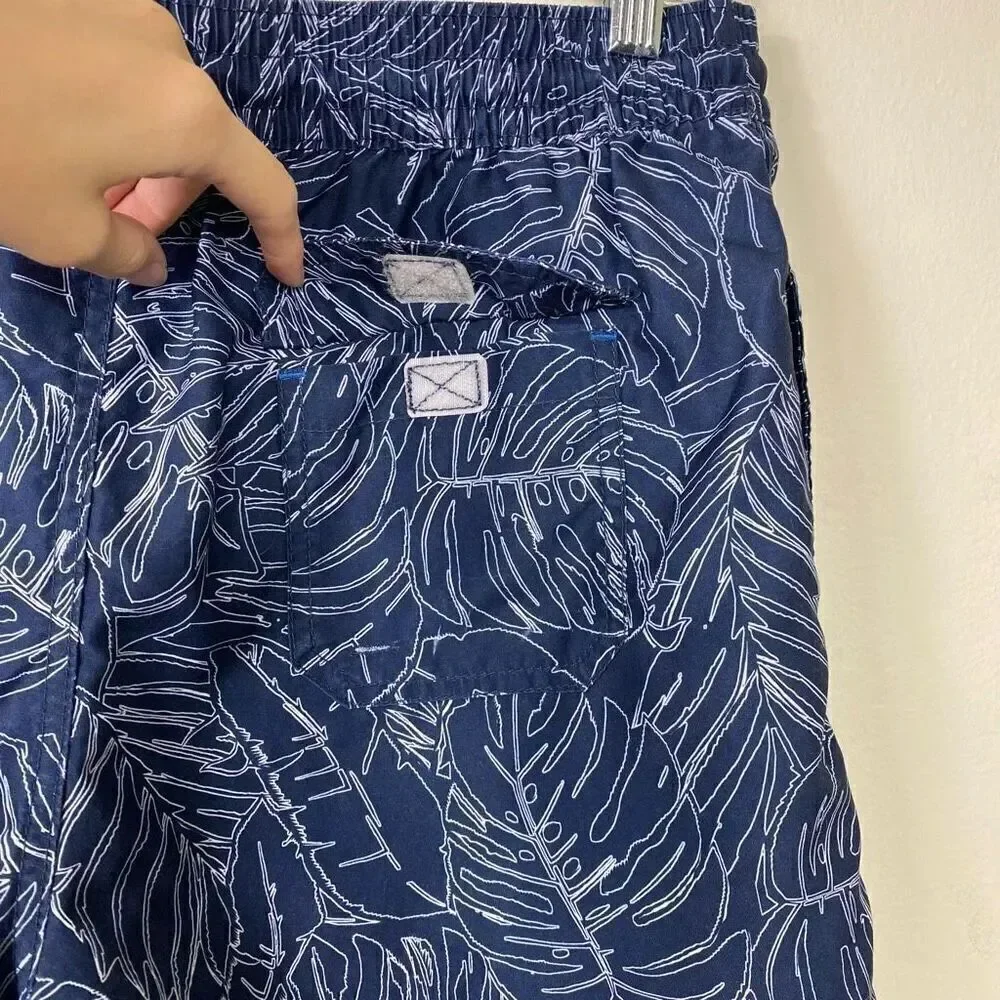 Men’s Navy Blue & White Tropical Leaf Pattern Swim Trunks Board Shorts Size S